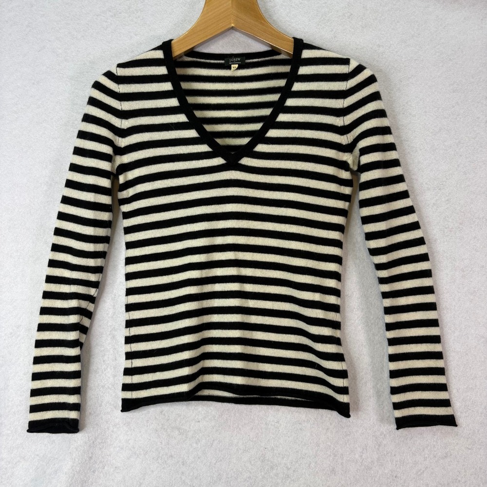 Y2K J.Crew 100% Cashmere Striped V-Neck Sweater Black White Womens XS Parisian *
